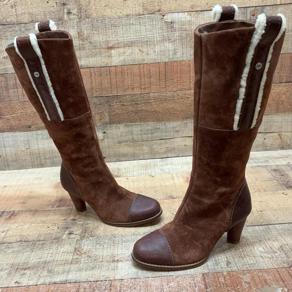 UGG SN 5804 Boots Womens Size 5 36 Brown Leather Mid Calf Fur Trim Zip Winter